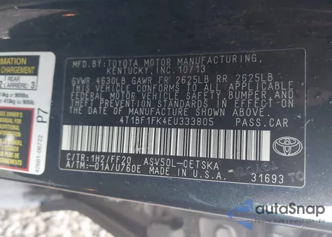 2014 Toyota Camry Se из США, поврежденный, VIN 4T1BF1FK4EU333805